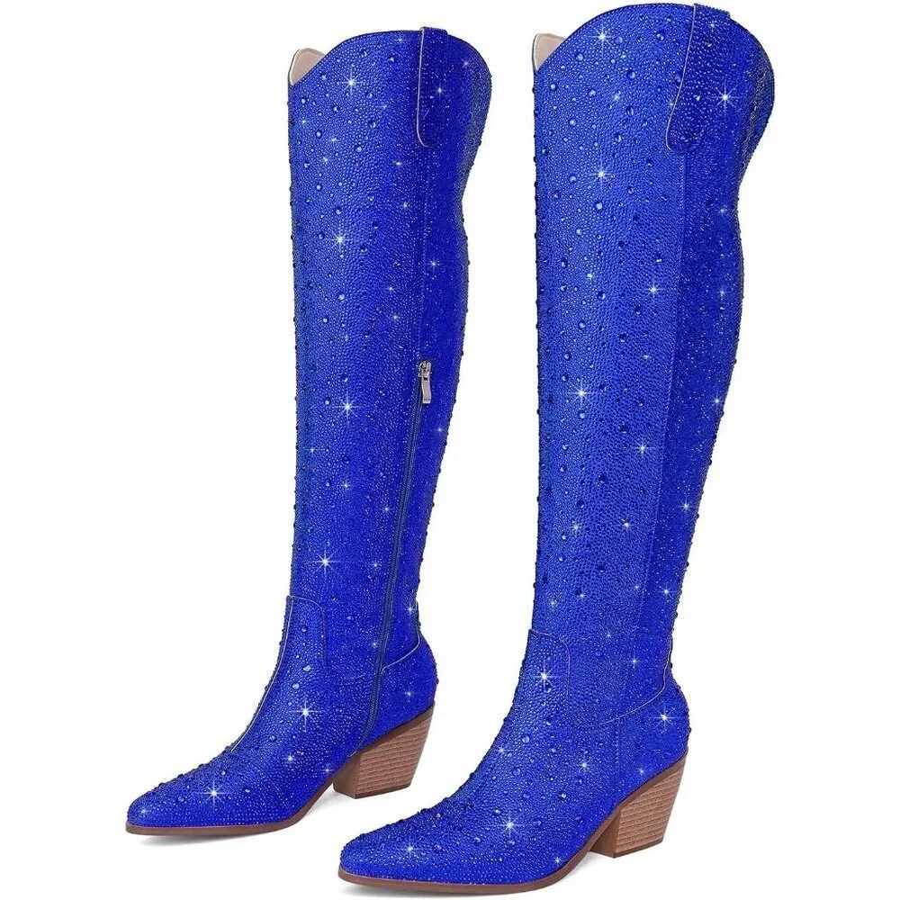 Women Blue Faux Leather Sparkly Bling Rhinestone Over the Knee Cowboy Boots